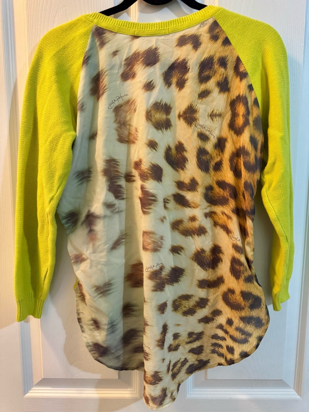 Lime Green Knit Sweater with Leopard Chiffon Back – Size M - Picture 4 of 4